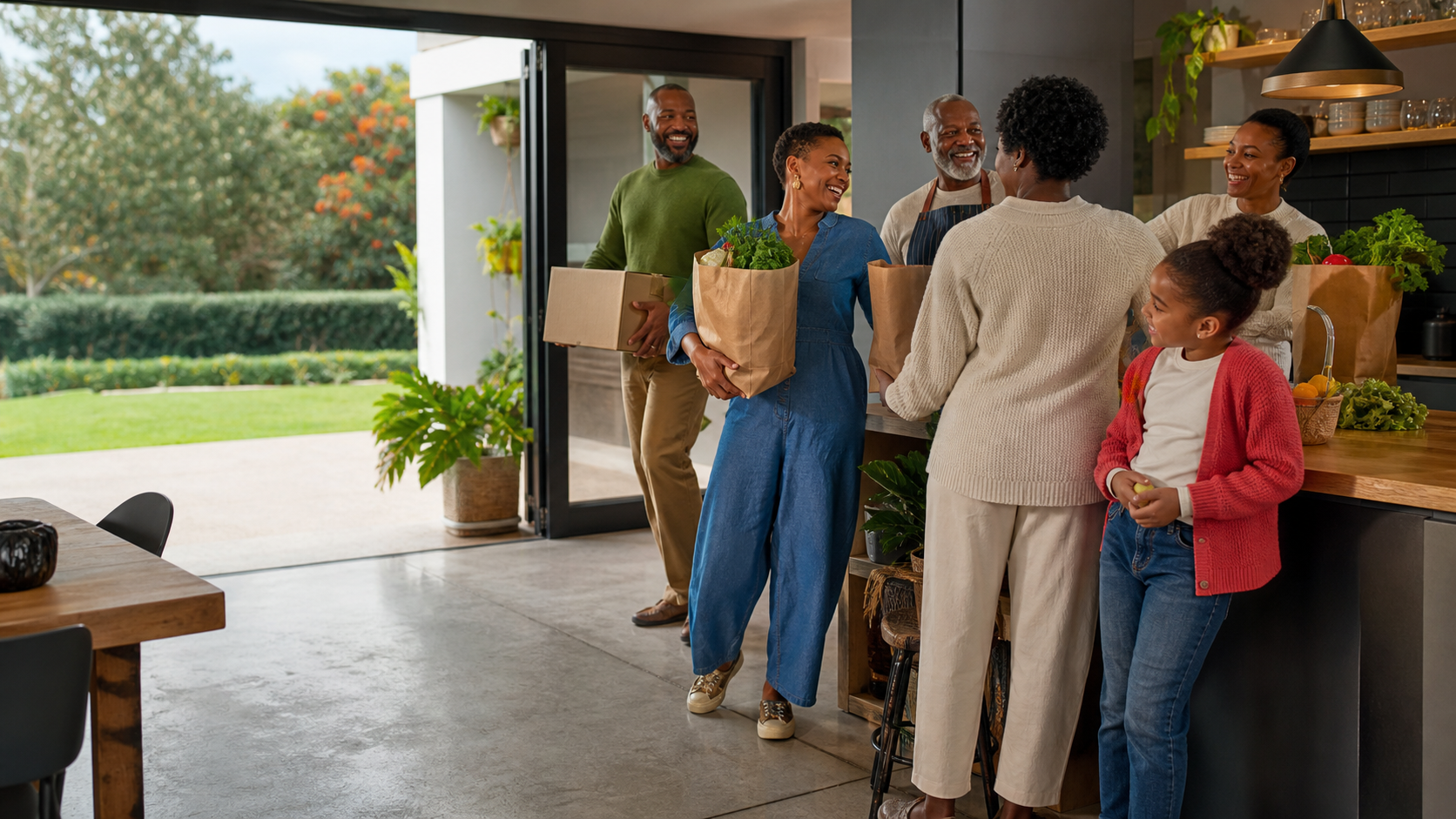 A South African family bringing groceries into a bright home